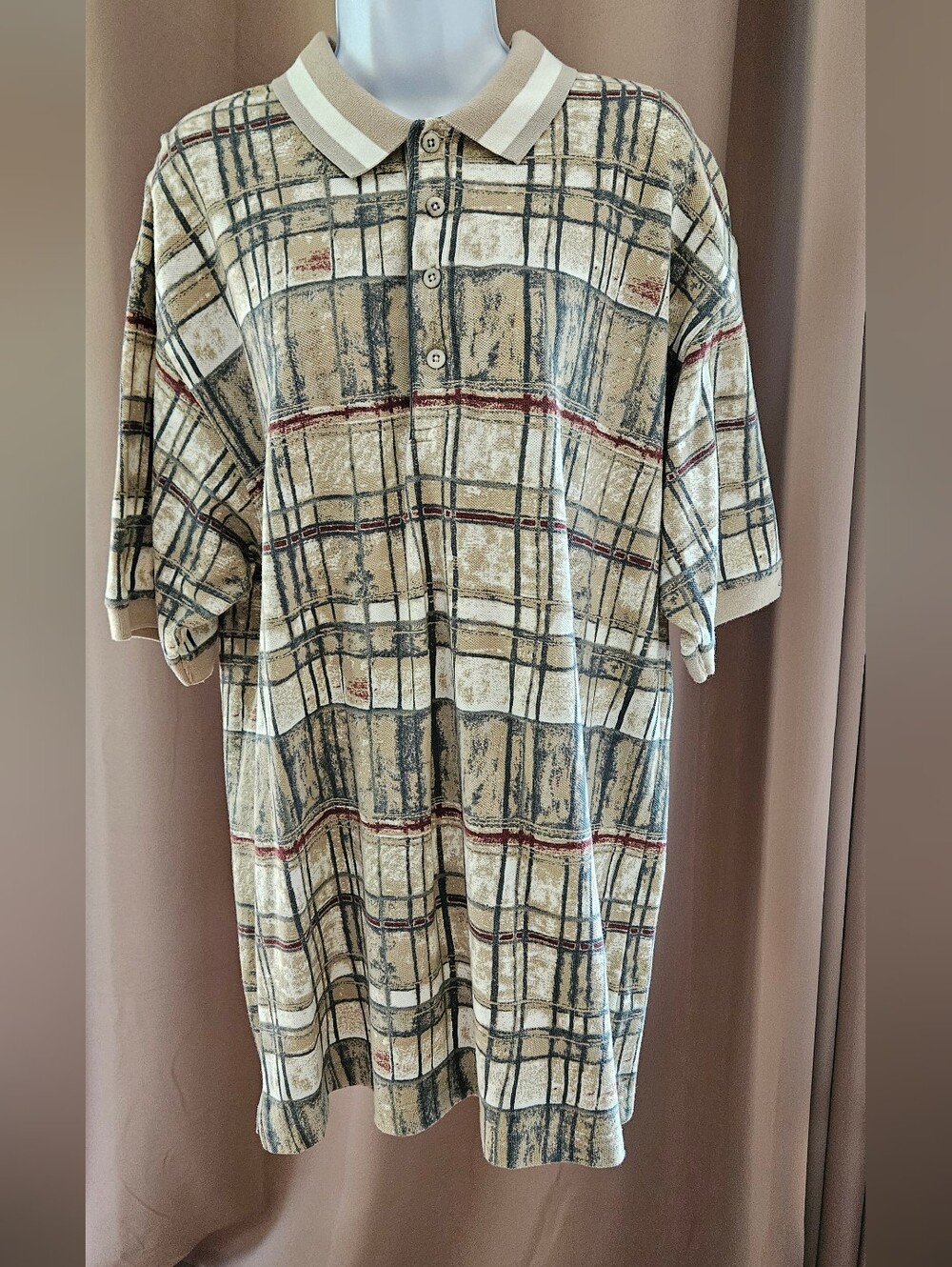 Vintage 90s Greg Norman Shark Polo Shirt Abstract Plaid Golf Grunge  EUC